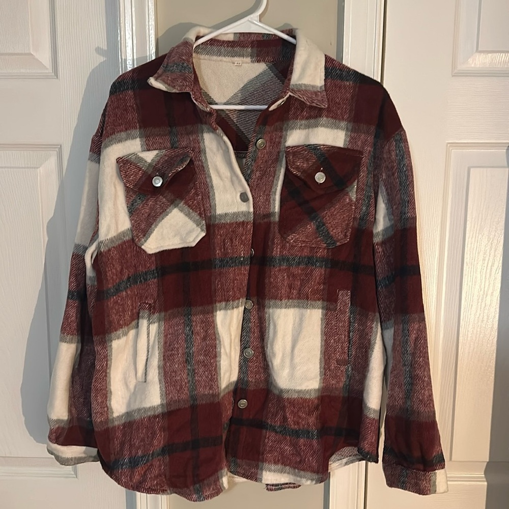 Size medium, oversized, red and cream plaid “shacket”